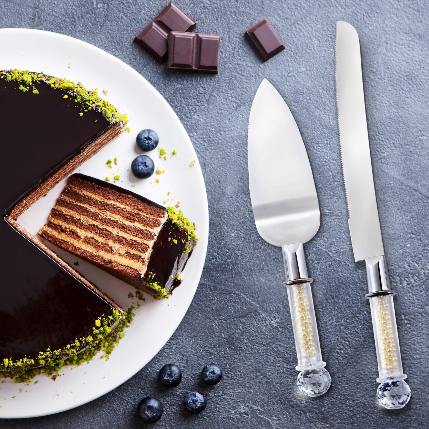 Homi Styles Wedding Cake Knife and Server Set | Plastic Faux Ivory Pearl fill...