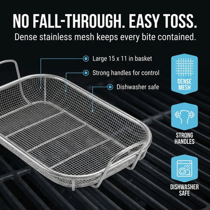 Homi Styes Grill Baskets for Outdoor Grill – 15 x 11-inch Vegetable Grill Basket – Grill Vegetable Basket with Handles – Rustproof Stainless Steel Mesh Veggie Grilling Basket